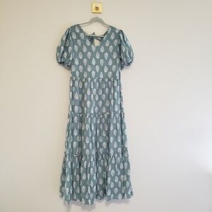 Lucky Brand NWT Tiered Maxi Dress Medium Blue White Patterned Short Sleeve Lined